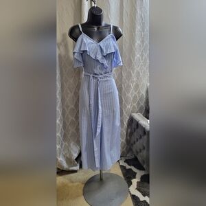 UMGEE - Blue & White Striped Cold - Shoulder Ruffle Jumpsuit